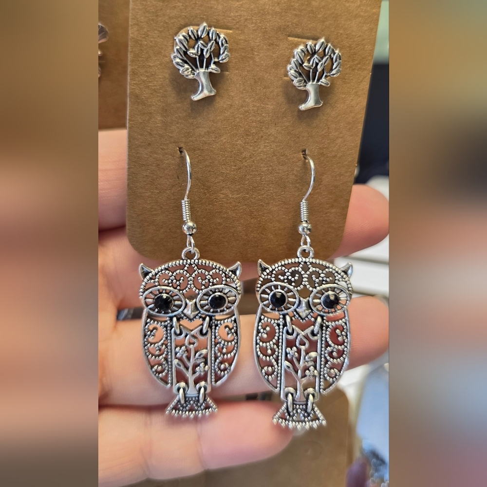 Silver Owl Dangle Earrings & Tree Studs